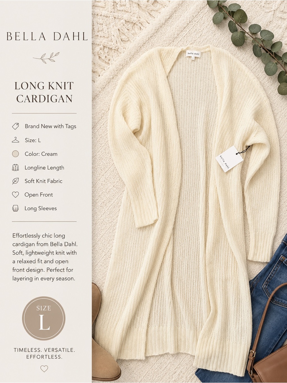 Bella Dahl Cream Open-Front Long Knit Cardigan